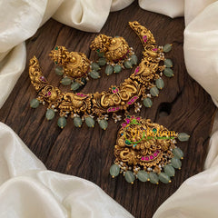 Lakshmi Jadau Kundan Short Neckpiece-Pastel Green Bead -J1173