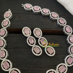 White Tone American Diamond Choker Short Neckpiece -Pastel Pink -G6566