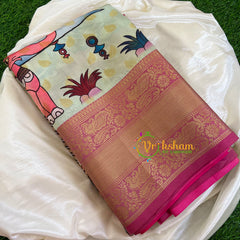 Light Teal-Kalamkari Semi Soft Silk Saree-VS448