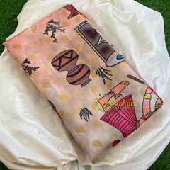 Half White with Pink Kalamkari Semi Soft Silk Saree-VS416