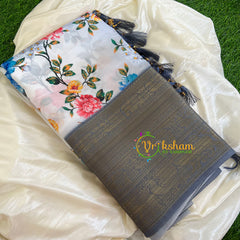 Grey White Kalamkari Semi Soft Silk Saree-VS413