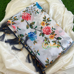 Grey White Kalamkari Semi Soft Silk Saree-VS413