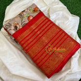 Half White with Brown Border Kalamkari Semi Soft Silk Saree-VS411