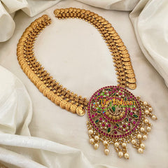Royal Jadau Kundan Lakshmi Coin Long Neckpiece-Pearl-J1132