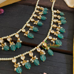 Kundan Dark green Bead Maatil -White-G6099