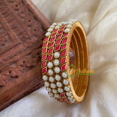Thin Silk Thread Kundan Bangle-White Red-G6237