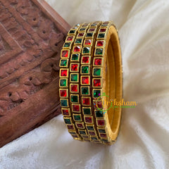 Thin Silk Thread Kundan Bangle -Red Green-Square-G6262