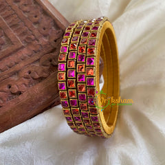 Thin Silk Thread Kundan Bangle -Pink Orange-Square-G6261