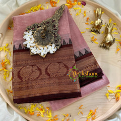 Onion Pink with Maroon Border Kanchi Cotton Saree - Handloom -VS1140