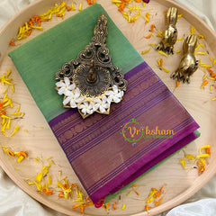 Pista Green with Purple Border Kanchi Cotton Saree - Handloom -VS1150