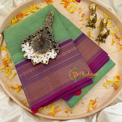 Pista Green with Purple Border Kanchi Cotton Saree - Handloom -VS1150