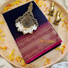 Dark Blue with Pink Border Kanchi Cotton Saree - Handloom -VS1148