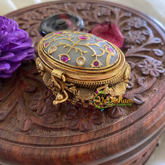 Fancy AD Stone Kumkum Box-Oval-Grey -G7642