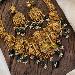 Premium Gold Look Alike Lakshmi Short Neckpiece -Green Bead-G9654