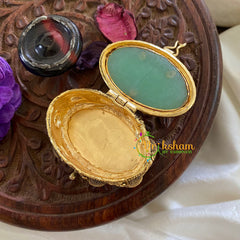 Fancy AD Stone Kumkum Box-Oval-Pastel Green -G7643