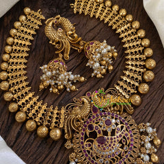 Premium AD Stone Pendant Short Neckpiece-Gold Bead-G10352