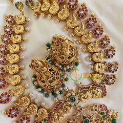 Gold Look Alike Short Neckpiece-Peacock-Green Bead-G5464