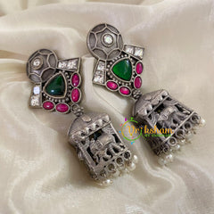 Green Red Silver Look Alike Jhumkas -S492
