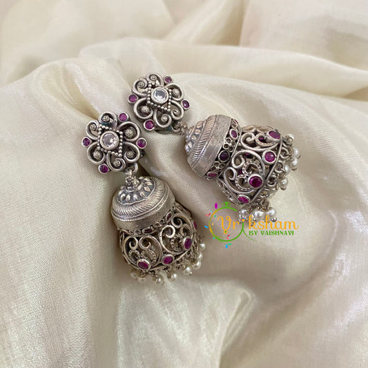 Silver Look Alike Jhumkas -Pink and White-S489