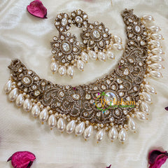 Pearl Victorian Diamond High Neck Choker-White-VV019