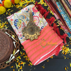 White Kalamkari Saree with Floral Design-VS288