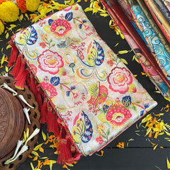 White Kalamkari Saree with Floral Design-VS288