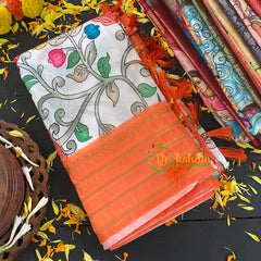 White Kalamkari Saree with Floral Design-VS286