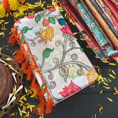 White Kalamkari Saree with Floral Design-VS286