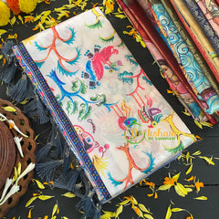 White Kalamkari Saree with Tribal Design-VS287