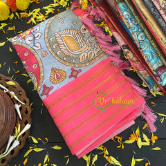 Grey Kalamkari Semi Soft Silk Saree-VS297