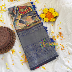 Yellow Kalamkari with Blue Border-The Elephant-VS293