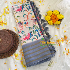 White Kalamkari Saree with Tribal Design-VS287