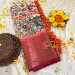 Pale Yellow Kalamkari Semi Soft Silk Saree-VS281