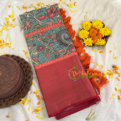 Teal Blue Kalamkari Semi Soft Silk Saree-VS283