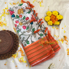 White Kalamkari Saree with Floral Design-VS286