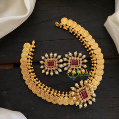 Centre Stone Coin Choker Short Neckpiece -Red-G7793