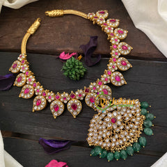 Precious Jadau Kundan Removable Pendant Neckpiece-Pink White-Green Bead-J1031