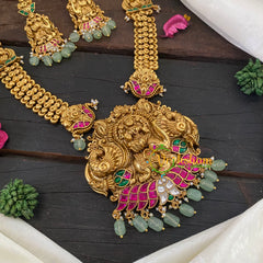 Gold Look Alike Jadau Kundan Lakshmi Haram -Pastel Green Bead -J1026