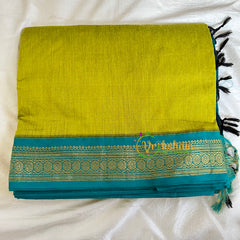 Parrot Green Saree with Blue Border-Kalyani Cotton -VS487