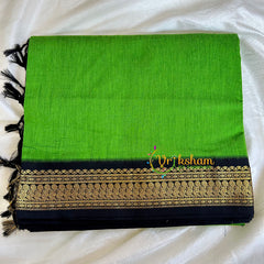 Parrot Green Saree with Black Border -Kalyani Cotton Saree -VS483