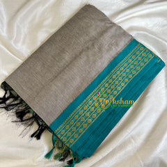 Grey Saree with Teal Border -Kalyani Cotton Saree -VS495