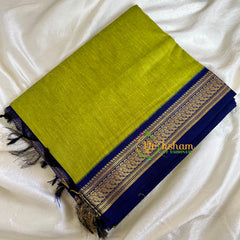 Parrot Green Saree with Blue border- Kalyani Cotton-VS477