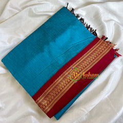 Turquoise Blue Saree with Maroon Border-Kalyani Cotton-VS491
