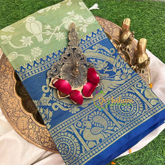 Cardamom Green Semi Benarasi Saree With Blue Border -VS1156