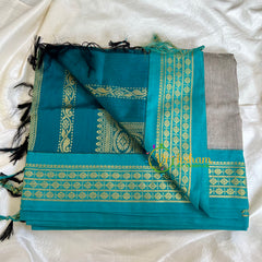 Grey Saree with Teal Border -Kalyani Cotton Saree -VS495
