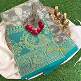 Grey Semi Benarasi Saree with Teal Blue Border -VS1157
