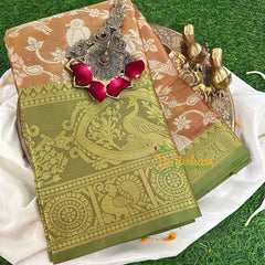 Light Coffee Brown Semi Benarasi Saree with Light Green Border -VS1158
