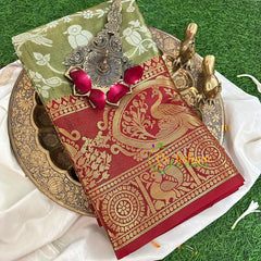 Olive Green Semi Benarasi Saree with Maroon Border -VS1159