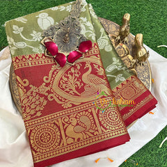 Olive Green Semi Benarasi Saree with Maroon Border -VS1159