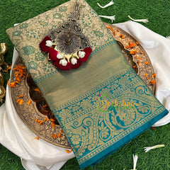 Moss Green and Teal Blue Semi Benarasi Saree -VS1172